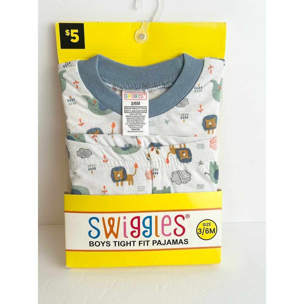 Swiggles Boys Tight Fit Pajamas 2 Piece Set Lion Elephant Print White Blue 3-6M